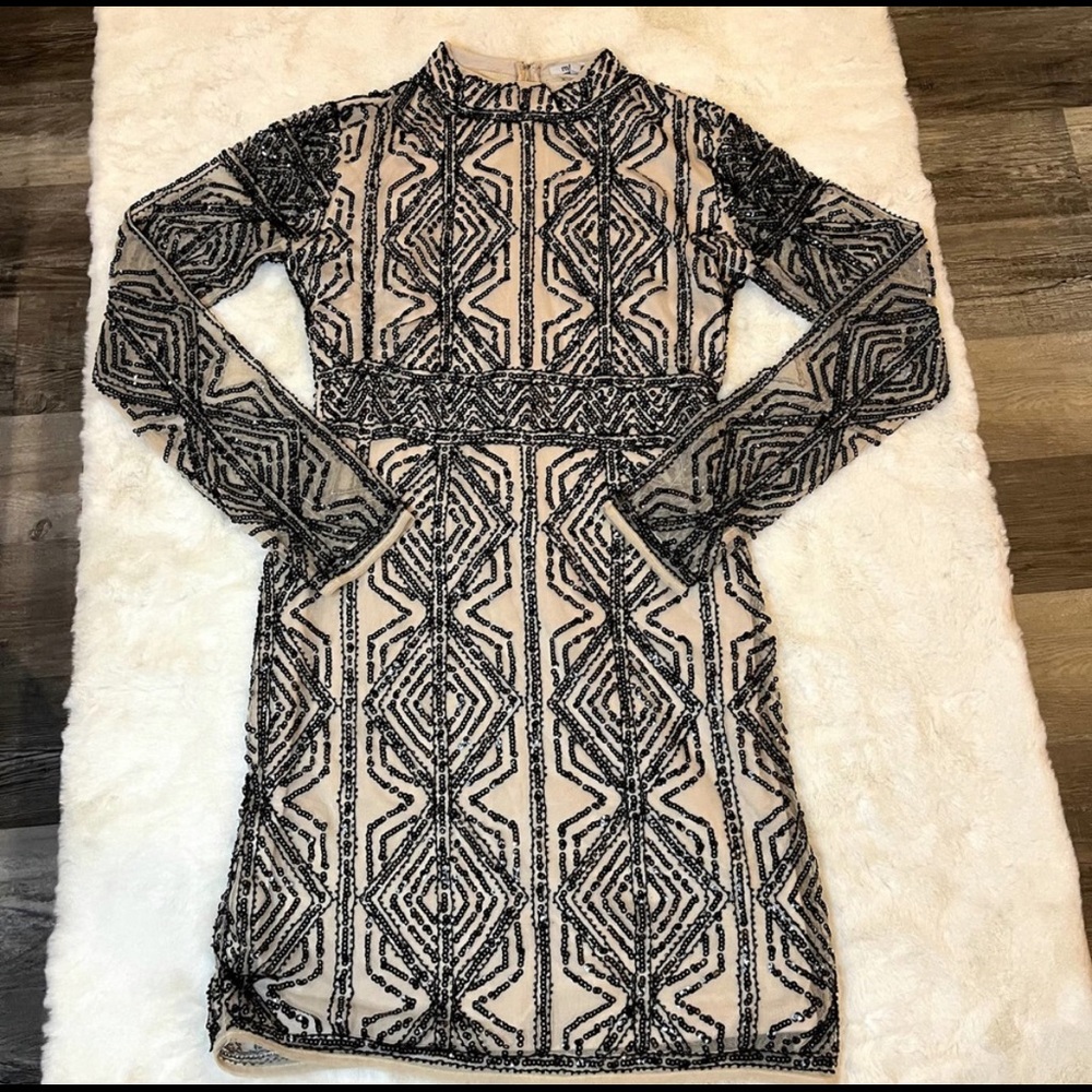 ANTHROPOLOGIE CREAM AND BLACK BEADED COCKTAIL DRESS!